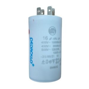 Motor Run Capacitor 16MFD with cylindrical housing and terminal connectors, used for continuous operation in electric motors and HVAC systems