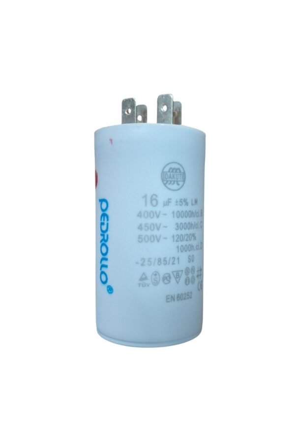 Motor Run Capacitor 16MFD with cylindrical housing and terminal connectors, used for continuous operation in electric motors and HVAC systems