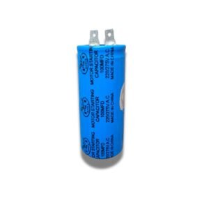 Motor Start Capacitor 100MFD with cylindrical design and terminal connectors, used to provide extra starting torque for single-phase electric motors