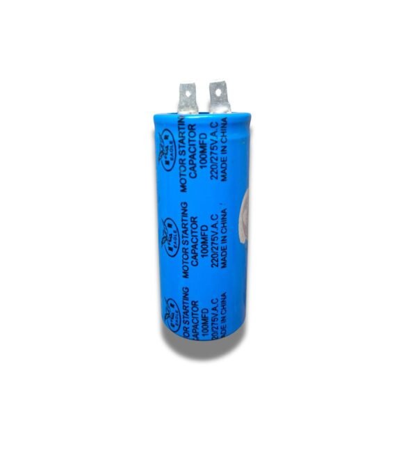 Motor Start Capacitor 100MFD with cylindrical design and terminal connectors, used to provide extra starting torque for single-phase electric motors