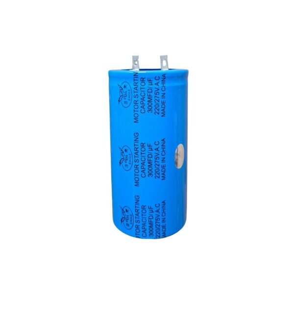 Motor Start Capacitor 300MFD with cylindrical design and terminal connectors, used to deliver high starting torque for single-phase electric motors