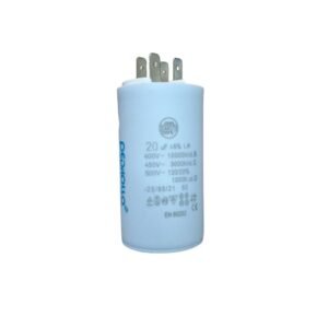 Motor Run Capacitor 20MFD with cylindrical body and terminal connectors, used for continuous operation in electric motors and HVAC equipment