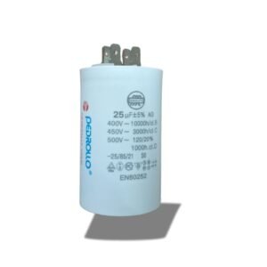 Motor Run Capacitor 25MFD with cylindrical housing and terminal connectors, used for continuous operation in electric motors and HVAC systems