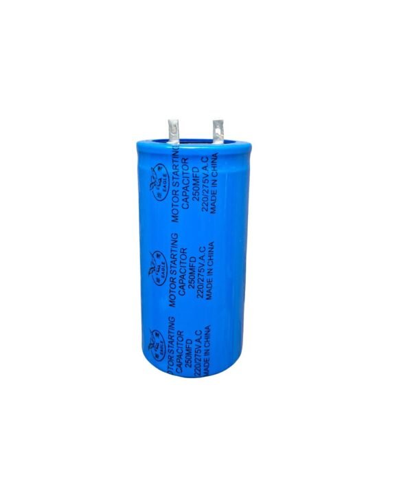 Motor Start Capacitor 250MFD cylindrical component used in electric motor startup, with labeled specifications and dual terminal connectors