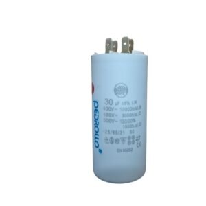Motor Run Capacitor 30MFD with cylindrical body, labeled specifications, and dual terminal connectors for continuous electric motor operation