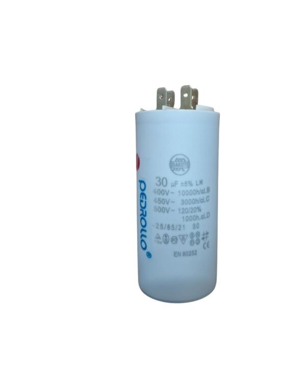 Motor Run Capacitor 30MFD with cylindrical body, labeled specifications, and dual terminal connectors for continuous electric motor operation