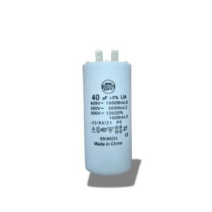 Motor Run Capacitor 40MFD for continuous motor operation, featuring a cylindrical metal housing with dual terminal connectors and labeled specifications