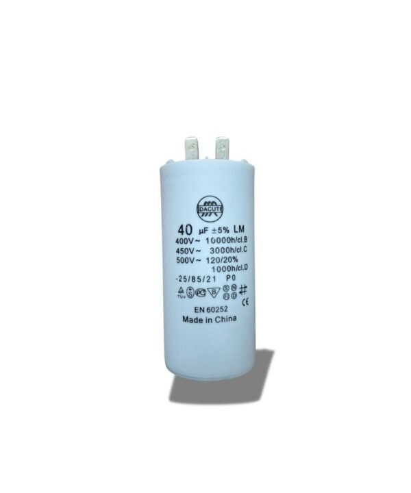 Motor Run Capacitor 40MFD for continuous motor operation, featuring a cylindrical metal housing with dual terminal connectors and labeled specifications