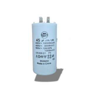 Motor Run Capacitor 45MFD used for continuous operation in electric motors, featuring a cylindrical design with labeled specifications and terminal connectors 45 MFD motor run capacitor for HVAC systems and electric motors" "Cylindrical 45 microfarad run capacitor with quick-connect terminals" "High-performance 45 MFD capacitor used in compressors and AC units" "Aluminum case 45 MFD motor run capacitor rated for 370/440V" "Durable 45 MFD capacitor for continuous motor operation"