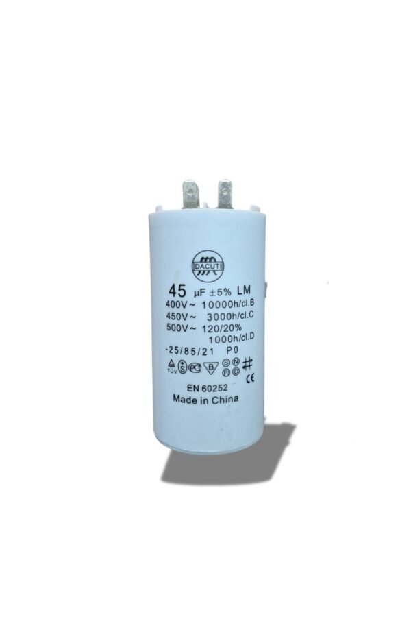Motor Run Capacitor 45MFD used for continuous operation in electric motors, featuring a cylindrical design with labeled specifications and terminal connectors 45 MFD motor run capacitor for HVAC systems and electric motors" "Cylindrical 45 microfarad run capacitor with quick-connect terminals" "High-performance 45 MFD capacitor used in compressors and AC units" "Aluminum case 45 MFD motor run capacitor rated for 370/440V" "Durable 45 MFD capacitor for continuous motor operation"