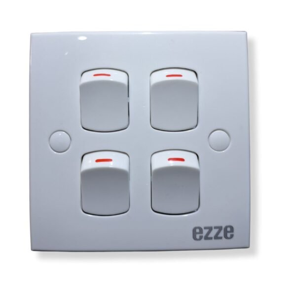 EZZE Glow 4 Gang Switch with sleek design and built-in glow feature for easy visibility in the dark, perfect for modern homes and offices."