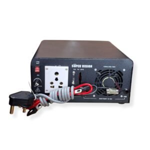 Back side of Super Vision IPS 400VA Modify Sine Wave inverter showing power input, output, and connection ports with LCD display and safety protections